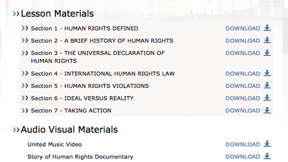 
    Все просветительские видео «Объединяйтесь за права человека», брошюры и материалы доступны и могут быть скачены с сайта, а также содержатся в самих занятиях, где их можно посмотреть сразу же:
    